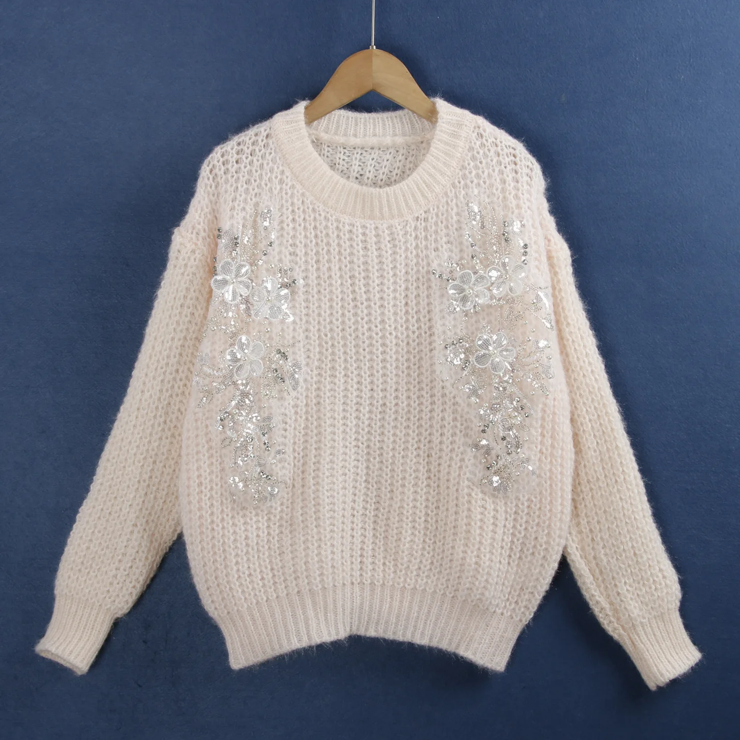 

iny Sequin Knitted Sweater round Ne Long Sve Pure Color Large Size Floral Pearl Faionable Versatile Autumn Winter Wa...