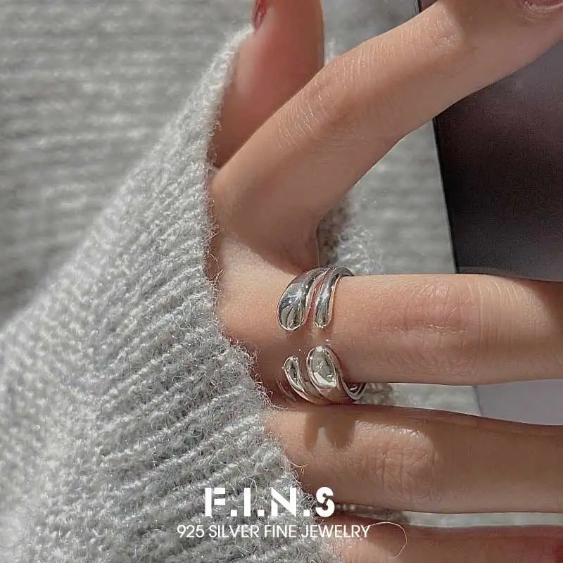 

F.I.N.S Original Korean S925 Sterling Silver Ring Texture Double Layer Open Adjustable Minimalist Finger Party Fine Jewelry