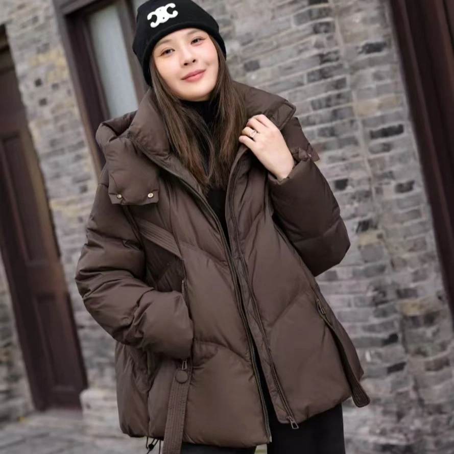 Chaqueta de plumón para mujer, chaqueta cálida de plumón de ganso con capucha a prueba de viento para ir al trabajo, novedad de invierno de 2025