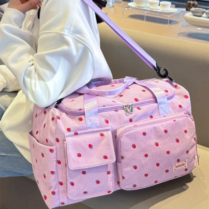 Strawberry Travel Bag Large Capacity Corduroy Luggage Bag Lightweight Crossbody Bag Multifunctional Sports Fitness Bag Handbag
