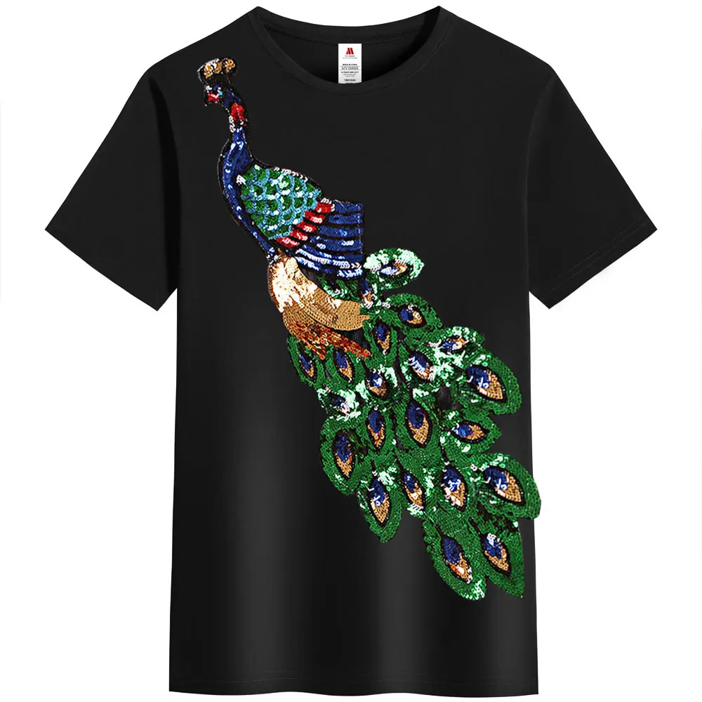 2024 Summer Elegant T-shirt Men\'s Peacock Sequined Sequins T shirts Men Fashion New Cotton Tops Tee Shirt Male Sakura Clothes