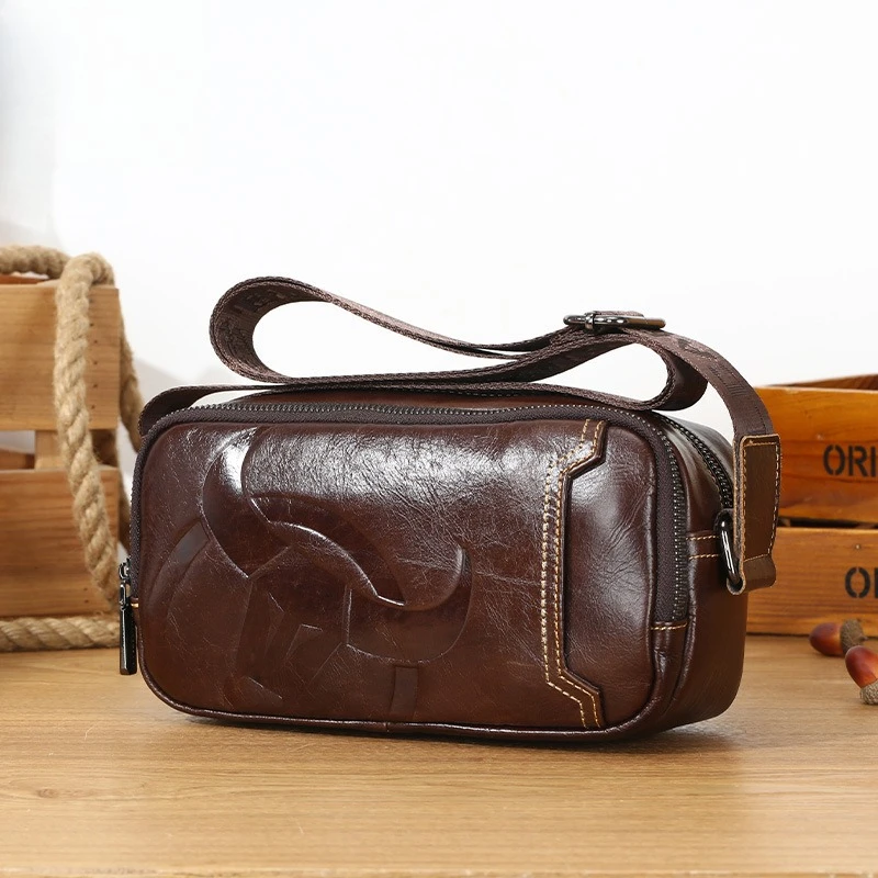 Young Men's Genuine Leather Business Casual Sling Bag Top Layer Cowhide Lightweight Commuting Crossbody Bag Small Satchel
