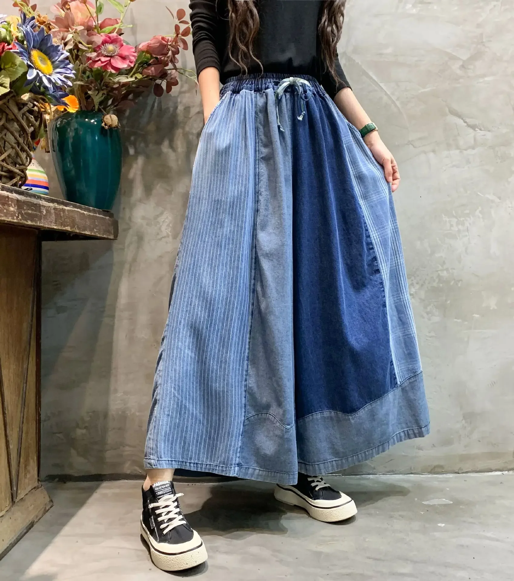 Women\'s Vintage Patchwork Cotton Linen Long Skirt, Japanese Style, Mori Girl, Elastic Waist, Lace Plaid Skirts, Loose A-line Ski