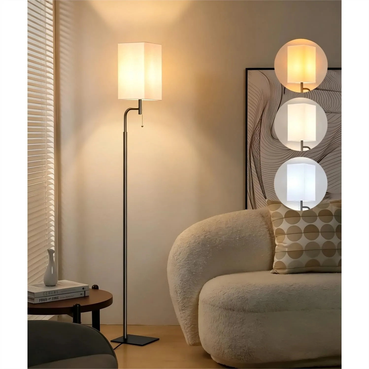 

Modern Floor Lamp with 3 Color Temperatures, Square Linen Shade & Stable Iron Base for Living Room, Bedroom, Office