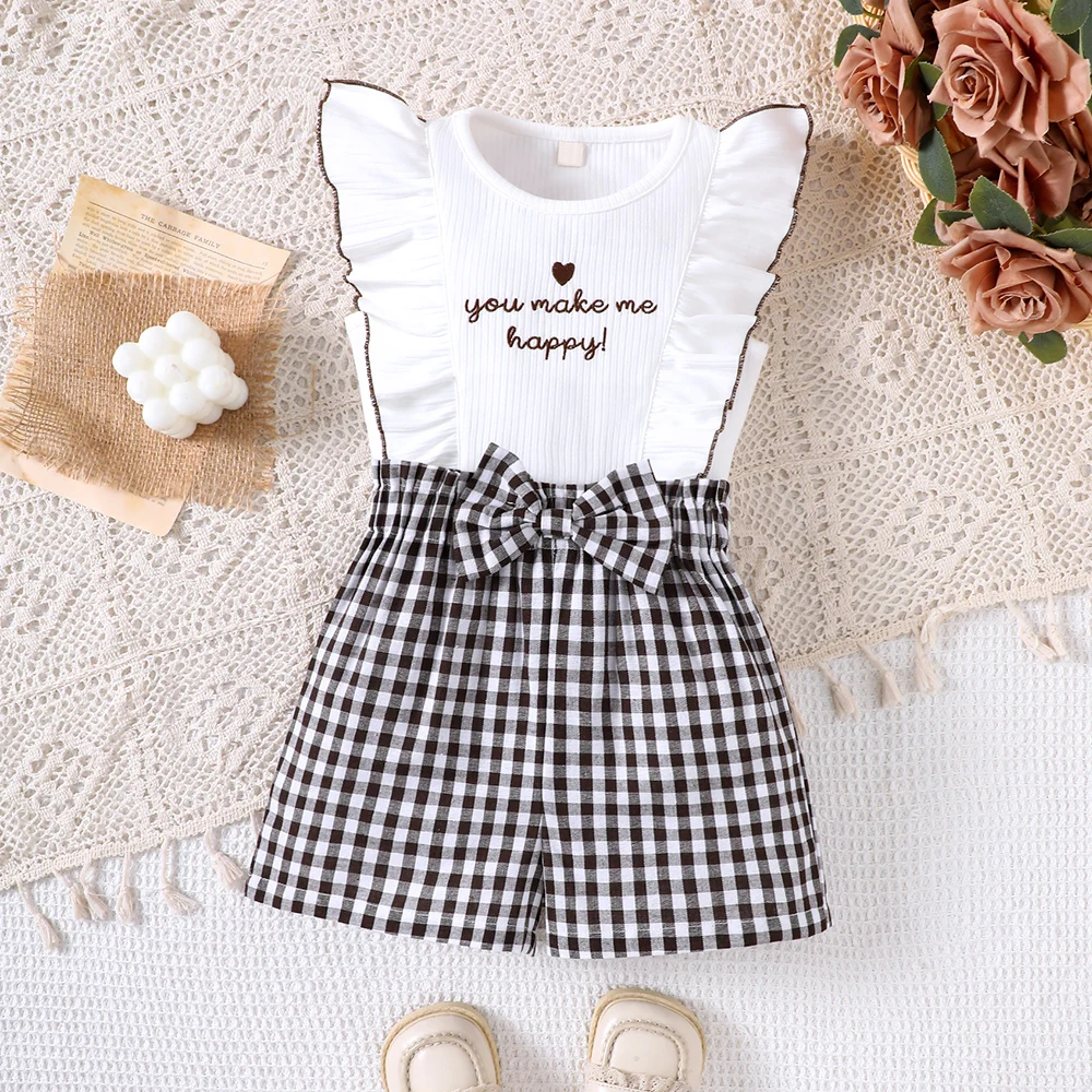 Girls' spring and summer new letter embroidered top plaid shorts two-piece casual set