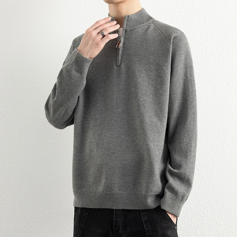 

Мужской вязаный свитер с молнией, однотонный, с воротником-стойкой, повседневный, свободного кроя, высокого качества, для ношения под одеждой, простой дизайн, смесь полиэстера