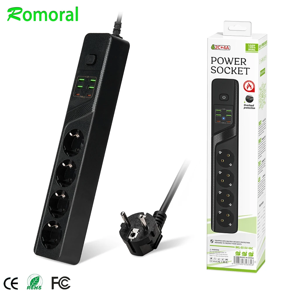 Presa di corrente europea da 3000W con interruttore ciabatta USB con protezione da sovraccarico prolunga spina europea presa di prolunga da 2m