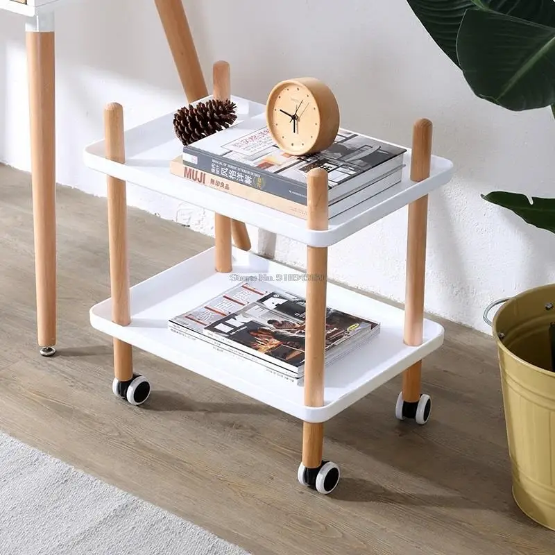 

Minimalist Modern Creative Household Dining Car Movable Bedside Table 2 Layer Wooden Multifunction Little Cart