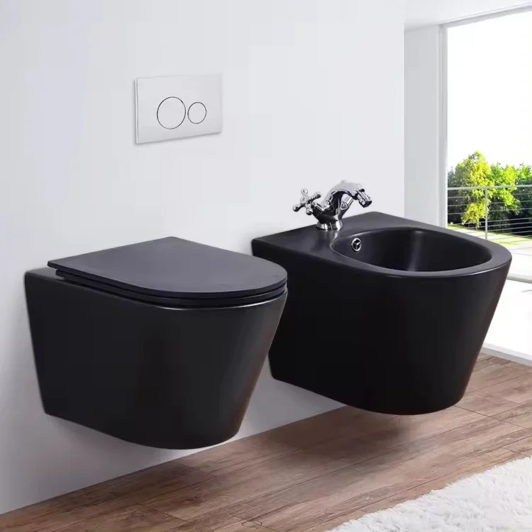 

European Ceramic Sanitary Ware suites Round Black Wall Mounted Toilet Bidet Bathroom Water Closet Matt Color Toilet Set