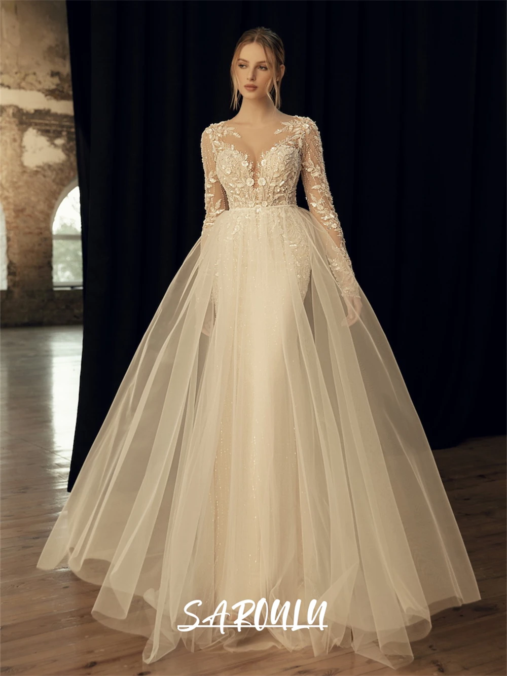 Luxury Beading Wedding Dress with Detachable Tulle Trail Illusion Sleeves Sequins Bride Dresses Flower Appliques Bridal Gown