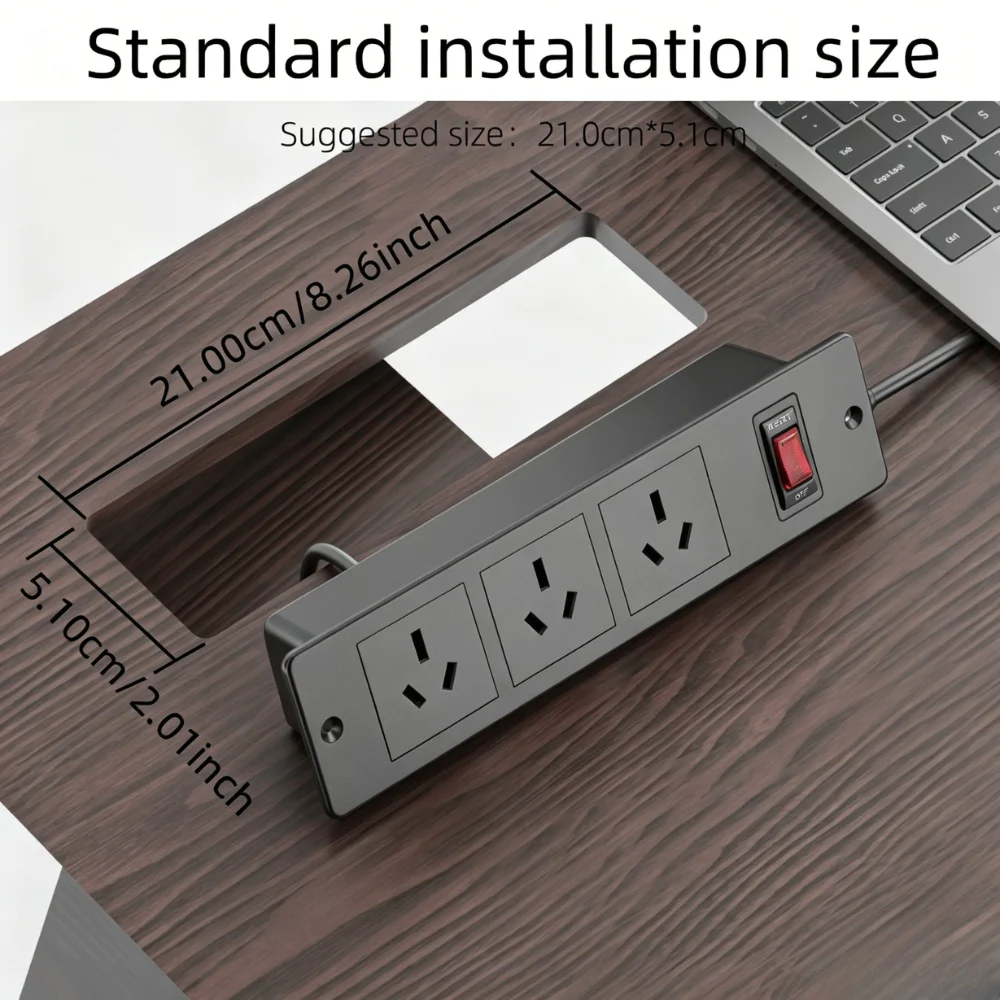Recessed Power Strip 3 AC Outlets with On‑Off Switch 1.5M Extension Cord Multi Socket for Home Office Desktop