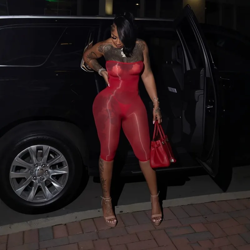Super Stretch Shiny Glossy Body Stocking, Sexy See Through Wrap Bust Capri Jumpsuit Night Club Bodysuit