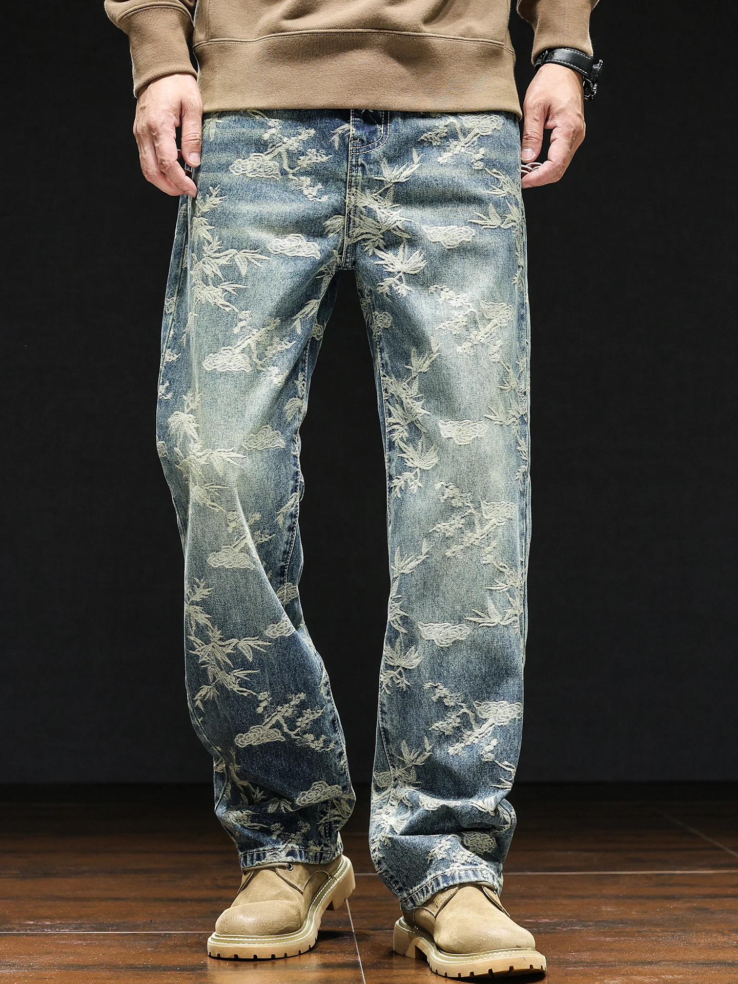 

Осенние новые американские джинсы High Street Faion с вышивкой, мужские свободные прямые повседневные длинные брюки с высоким дизайном