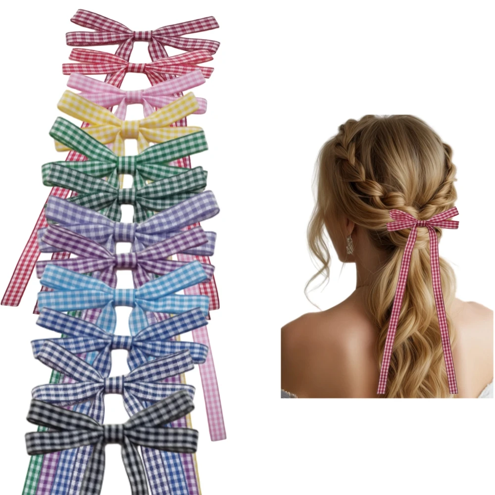 10PCS Women Girls Tassel Long Tail Streamer Bow Hair Clip Elastic Hairband Gingham Plaid Ribbon Bowknot Childrens Spring Hairpin