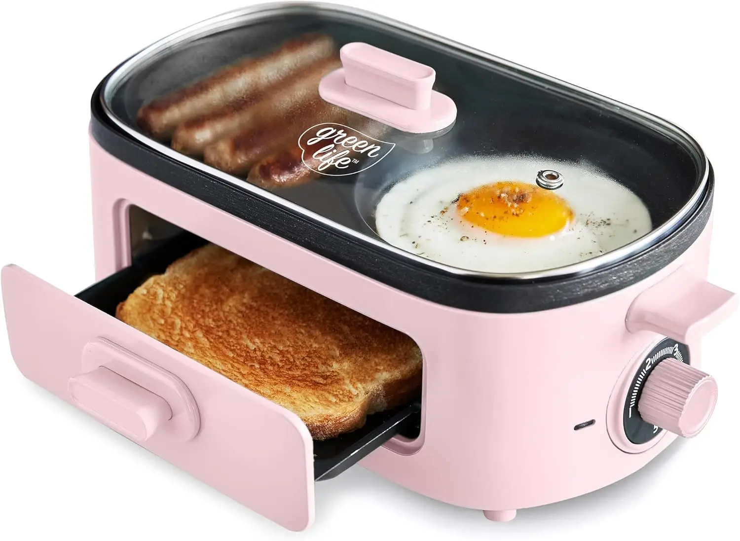 

Breakfast Station, Ceramic Nonstick Dual Griddles for Eggs, Meat, Pancakes & Sandwiches + 2-Slice Toast Drawer,