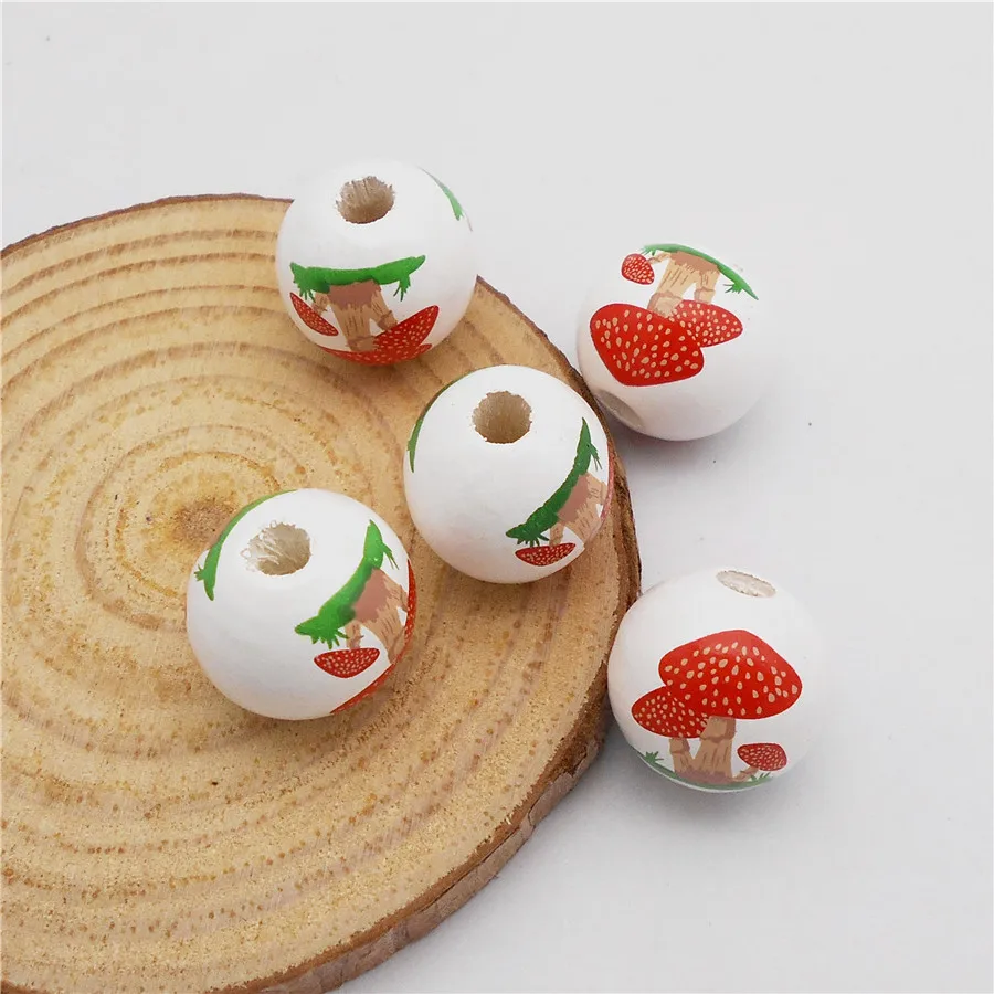 10PCS 16mm Wooden Mushroom Pattern Beads Natural Ball Round Thanksgiving Wood Loose Spacer Beads Bracelet Making Decor