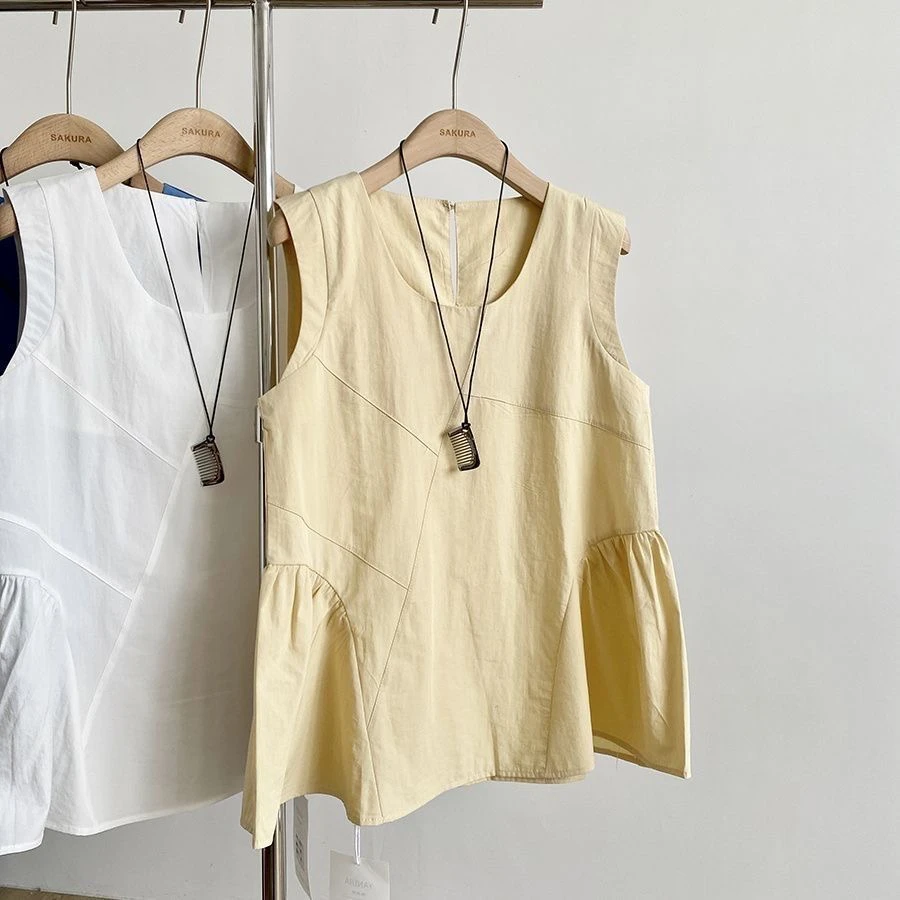 Korean Short Sleeved Solid Top Women's Loose Fitting Pleated Round Neck Vest Summer New Fashionable A-line Skirt Shirt Tee