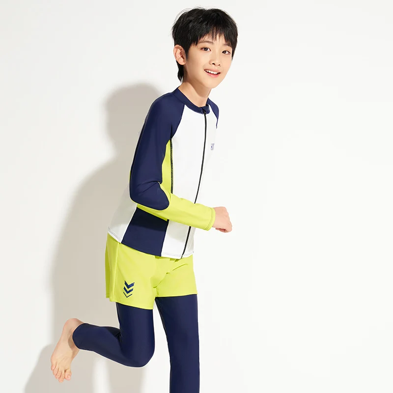 Boy Two Piece Swimwear Long Sleeve Solid Color Patchwork 9-16 Years Teenager Sunscreen Rash Guard Wetsuit Bathing Suit