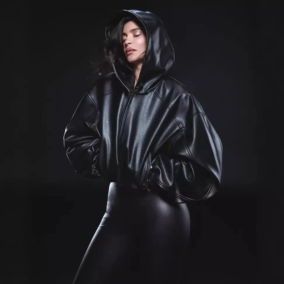 kylie the same KHY black hooded short leather jacket DROP001 series silhouette motorcycle wind jacket