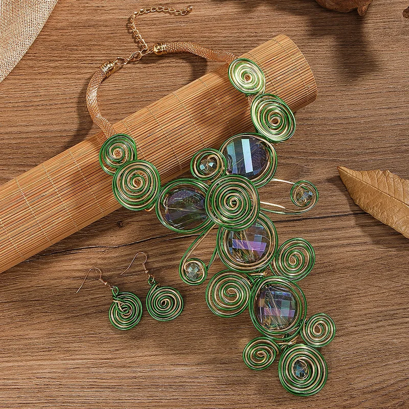 New 1set Exaggerated Green Flowers Crystal Necklace Earrings Set for Women Summer Party Statement Rhinestones Jewelry Set Gifts