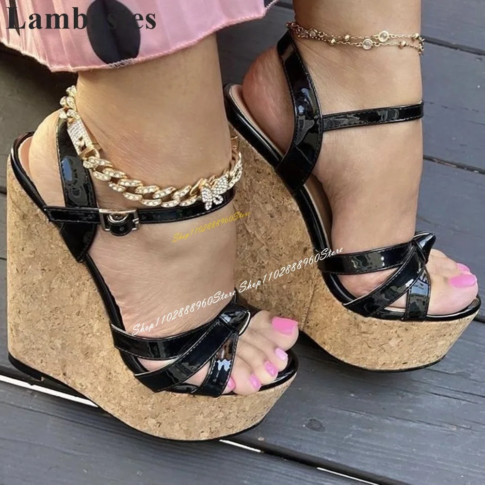 Trendy Wood Platform Black Narrow Strappy Sandals Wedges Heel Shoes For Women Ankle Buckle Strap Open Toe 2024 Zapatillas Mujer