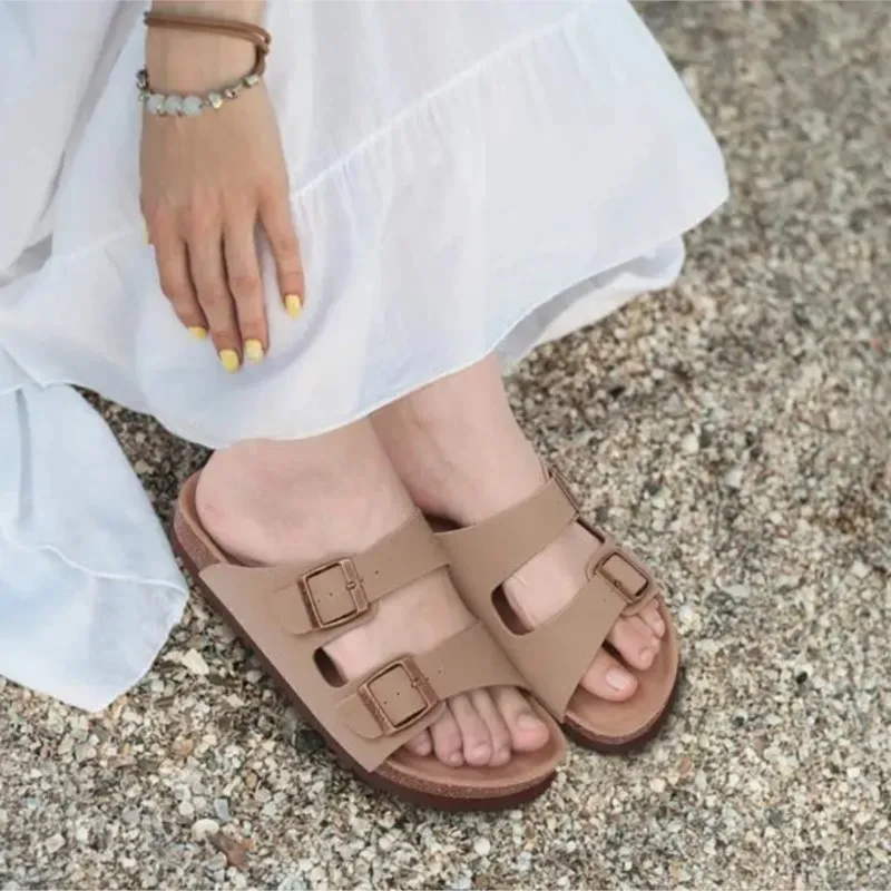 Women's Fashionable Double Buckle Flat Mules, Suede & Cork Sole, Beach Sandals_voghion.com