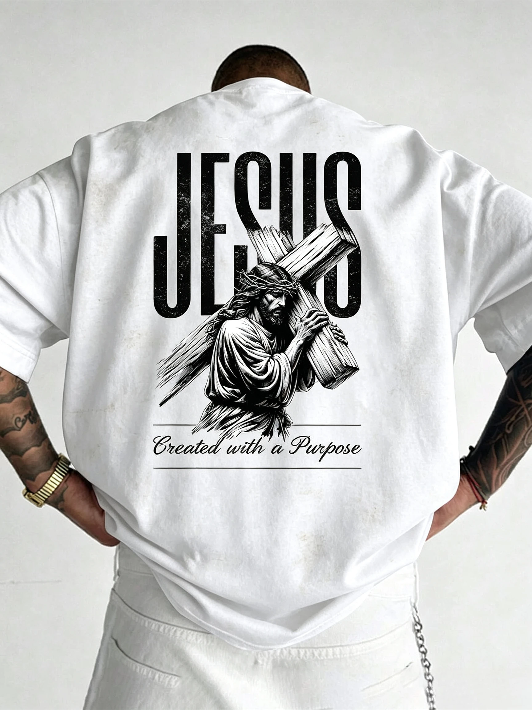 Family Matching T‑Shirt Faith Cross Figure Inspirational Slogan Back Print Parent‑Child Loose Casual Streetwear Cotton Tee Tops