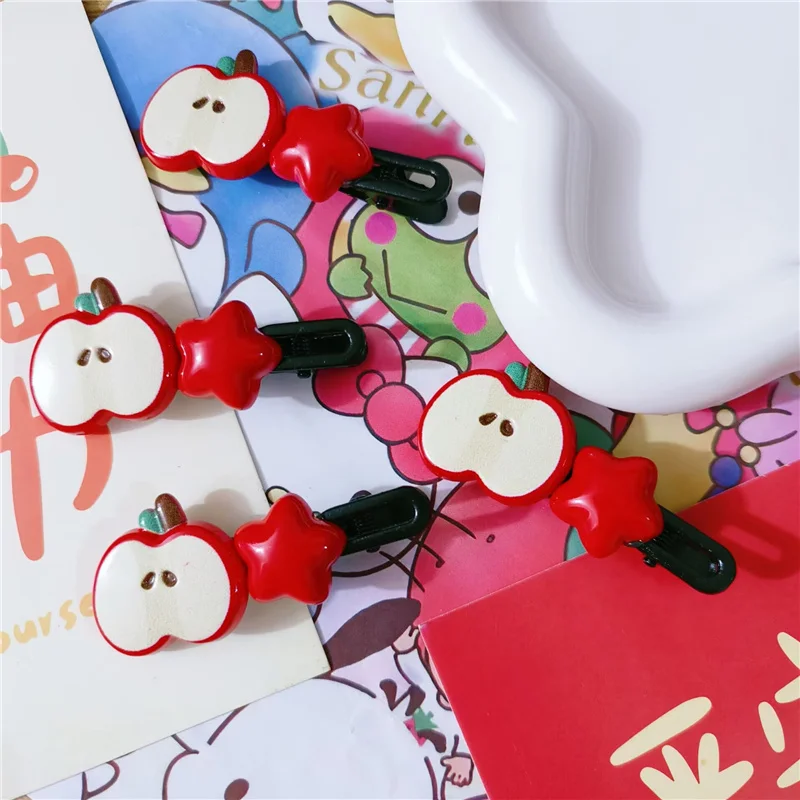 2Pcs/Lot Girls Hair Accessories Cartoon Apple Star Duckbill Hair Clip Cute Forehead Head Side Bangs Hairpin Children Headdress