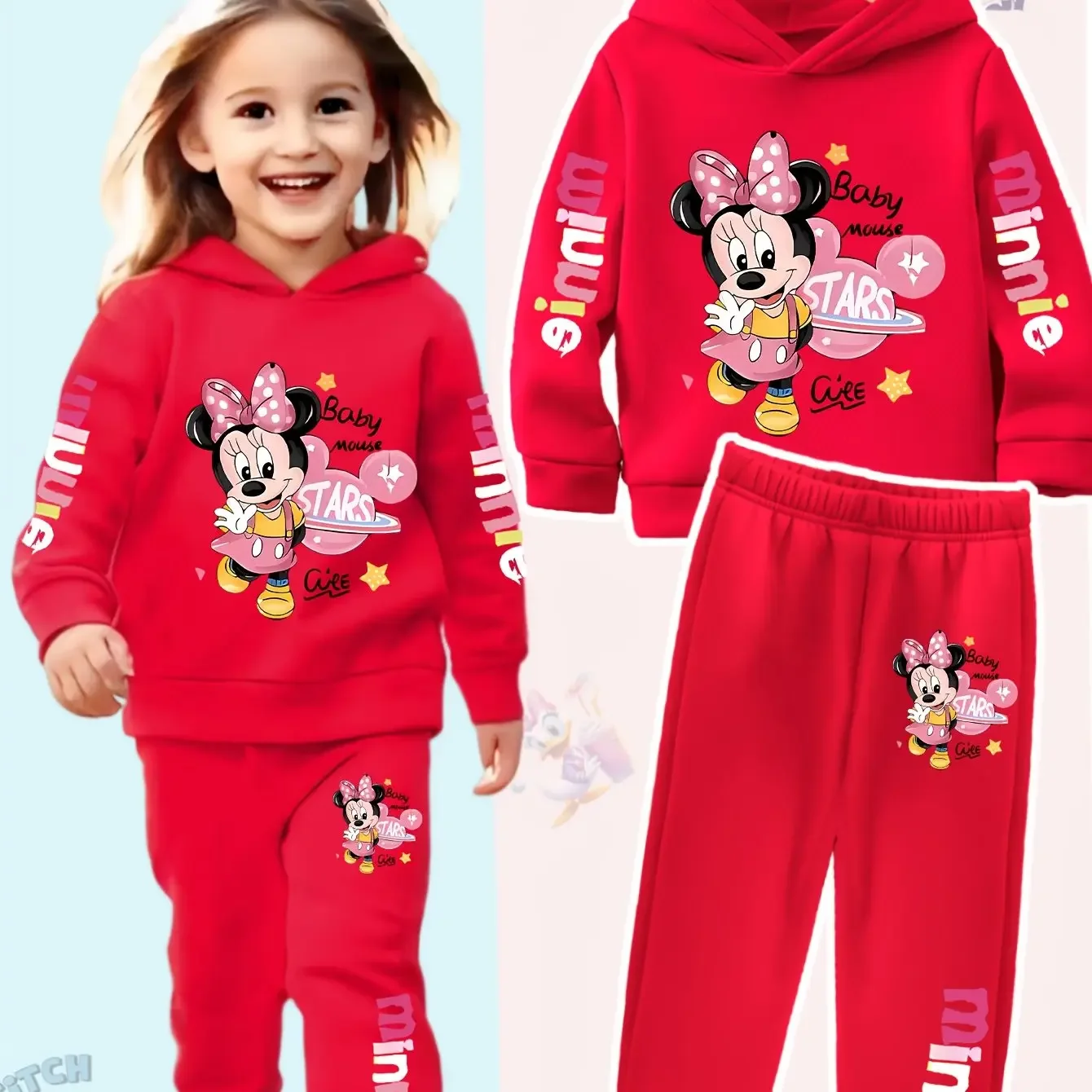Disney Girls' Minnie Mouse Hoodie & Pants Sweatsuit Set with Mickey Ears & Polka Dots, Soft Stretchy Fabric