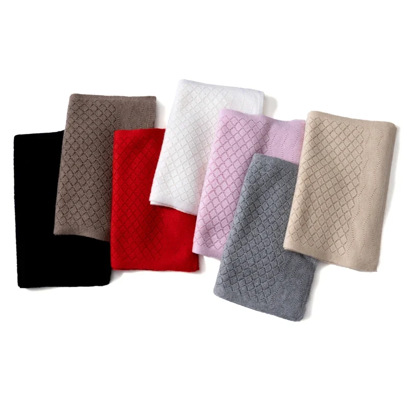 Bufanda 100% de Cachemira de Color liso para mujer, pañuelo tejido con rejilla hueca a prueba de viento, elegante pañuelo con textura bordada para banquete de mujer