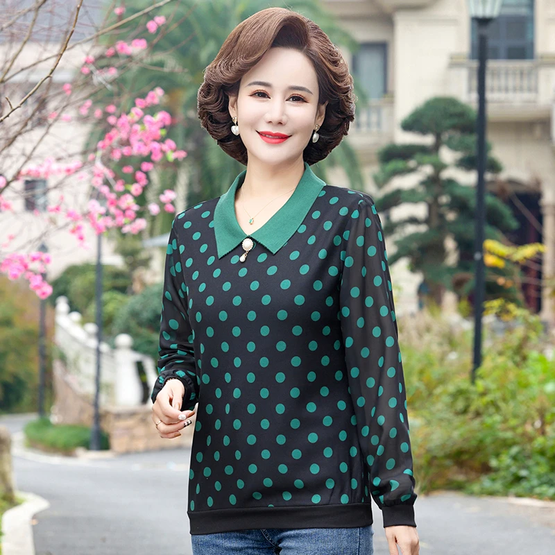 

Female Casual Dot printing Lapel Long Sleeved Casual Loose T-shirts Fashion Korean Spring and summer style Womens Clothing