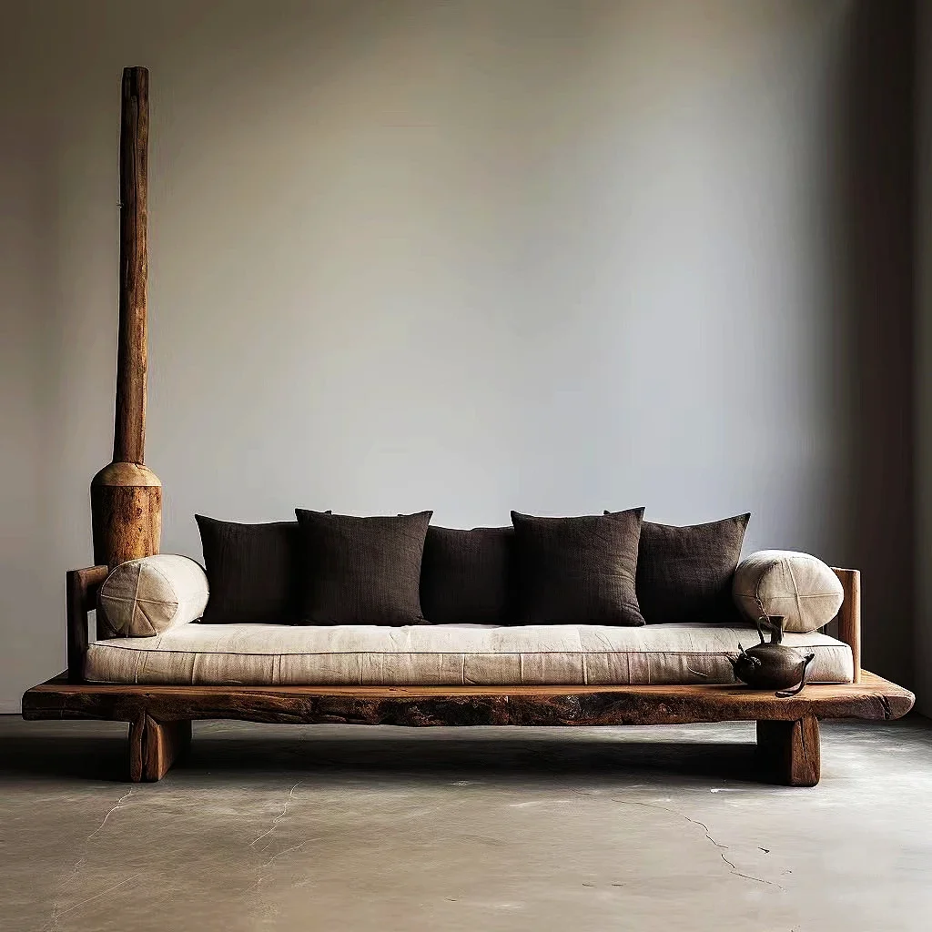 Wabi-sabi Japanese-style log natural edge straight-row sofa