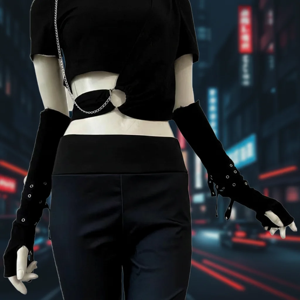 

Harajuku Style Half-fingered Gothic Arm Warmer Cool Black Buckle Design Punk Gloves Unisex Cuff Sun-protective Sleeve Streetwear