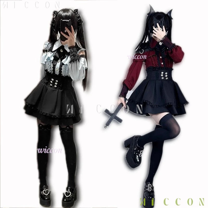 Jirai Kei Outfit Lolita Girls Camicetta Top Donna Kawii Bow Gonne nere Camicie Camicia a maniche lunghe Y2K Dolce signora giapponese Dress Up