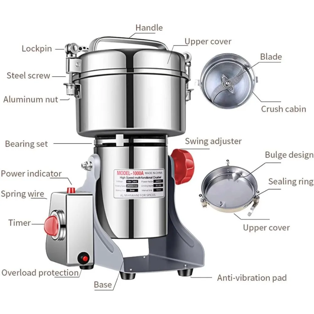 Электрическая мельница для зерна, 1000 г для сухих злаков, зерна, трав, специй, кофе, кукурузных зерен (1000 г подставки)