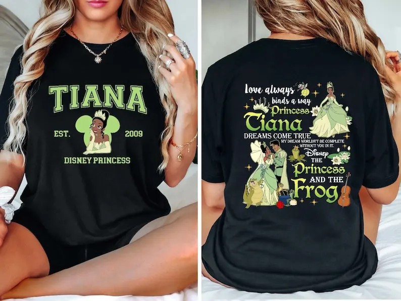 

Disney Retro Tiana Princess Pattern Printed T-Shirt Animation Casual Loose Comfortable Short Sleeve Women Street Tops Clothing