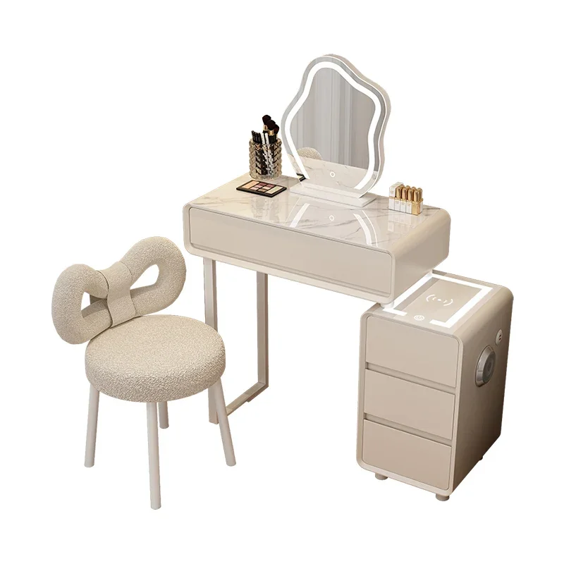 Tocador de Maquillaje nórdico minimalista para niña, multifunción, textura blanca, sillas, Tocador móvil, muebles