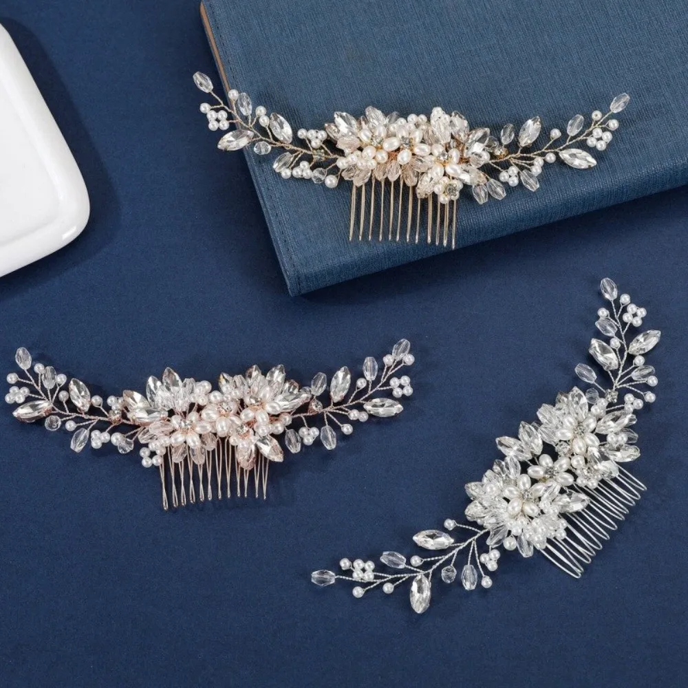 Creative Alloy Pearl Hair Combs Flower Hand Woven Bridal Headpiece Sparkling Jewelry Rhinestone Hairpin Festival