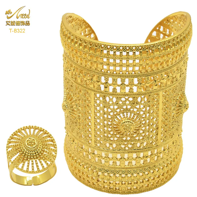 Conjunto de anel de pulseira de cobre aberto dubai oco gravura banhado a ouro jóias noiva areia ouro jóias vendas diretas da fábrica