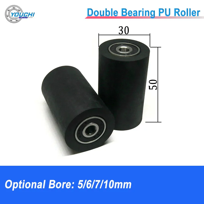 

4pcs 5/6/7/8/10mm Bore 30mm Diameter 50mm Length Polyurethane Press Wheel Double Bearing PU Guide Pulley Conveyor Belt Roller