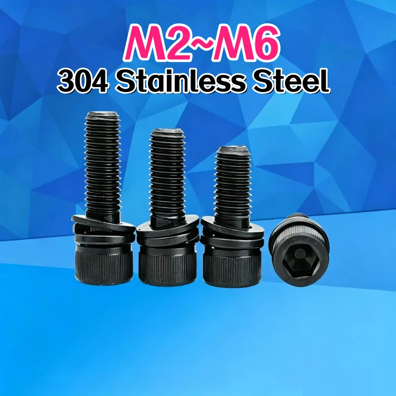 Black M2 M2.5 M3 M4 M5 M6 M8 304 Stainless Steel Allen Hex Socket Cap Head SEM Screws Flat Washer Spring Gasket Assemble Bolt
