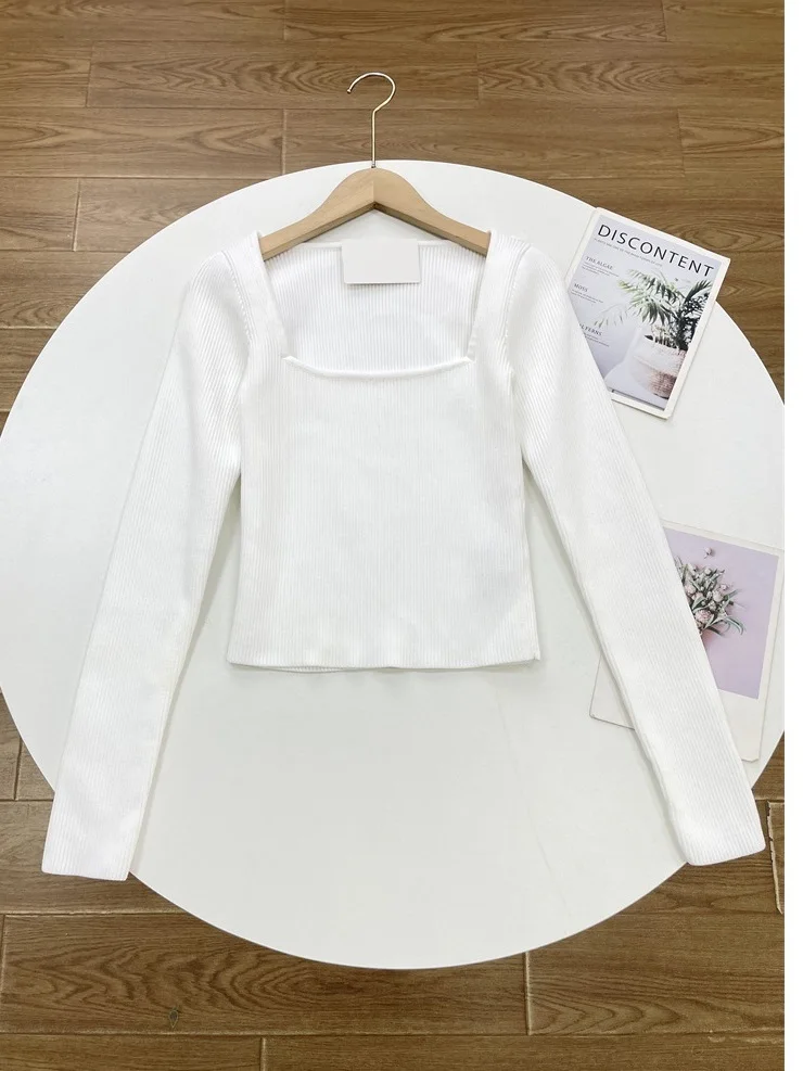 

Faionable Slim Fit Knitted Sweater Square Collar Y2 Sle New Spring Women's Retro Trend Color Top Commute Sle Pure...