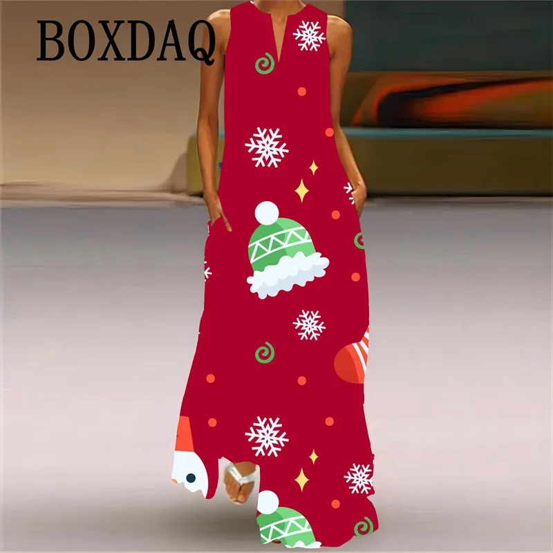 Christmas Party Women Long Dress New 2024 Autumn Cute Santa Claus Christmas Tree Print Maxi Dress Ladies Clothing Casual Robe