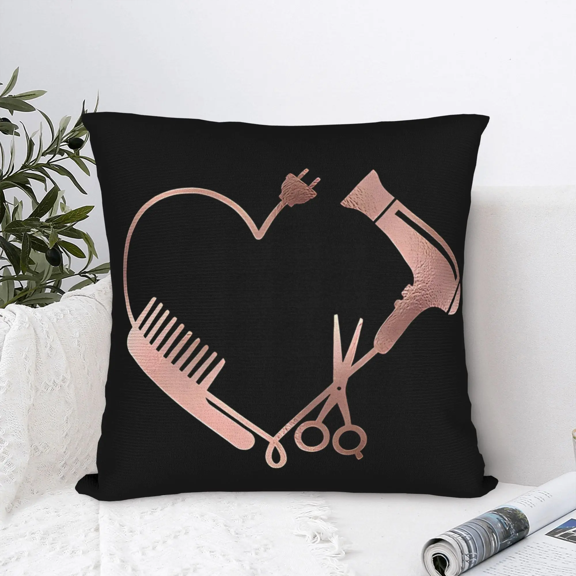 Rose Gold Hairdresser Pillowcase, Barber Tools Heart Cushion Cover, Beauty Salon Decor for Sofa Bedroom Living Room Gift