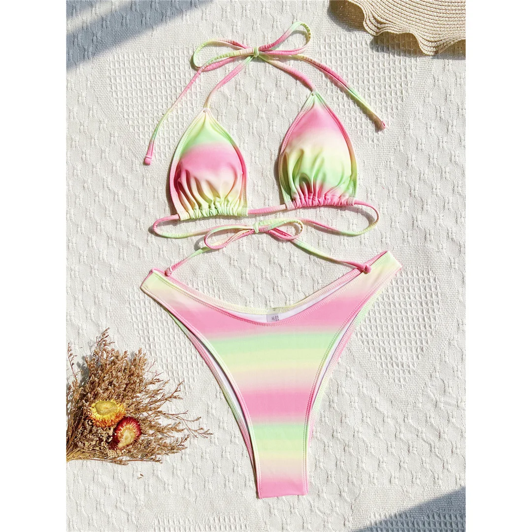 Mit Rock, Farbverlauf, bunter Neckholder-Bikini, Damen-Badeanzug, dreiteiliges Bikini-Set, Damen-Bademode, Badeanzug, Schwimmanzug V6774 – Detail 7