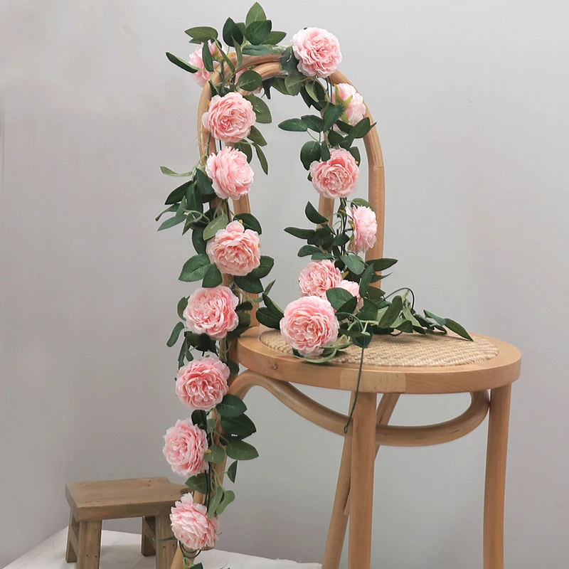 2pcs Silk Artificial Peony Eucalyptus Leaves Fake Flower Vine Hanging Plant Home Wedding Arch Doorways Party Table Garland Decor