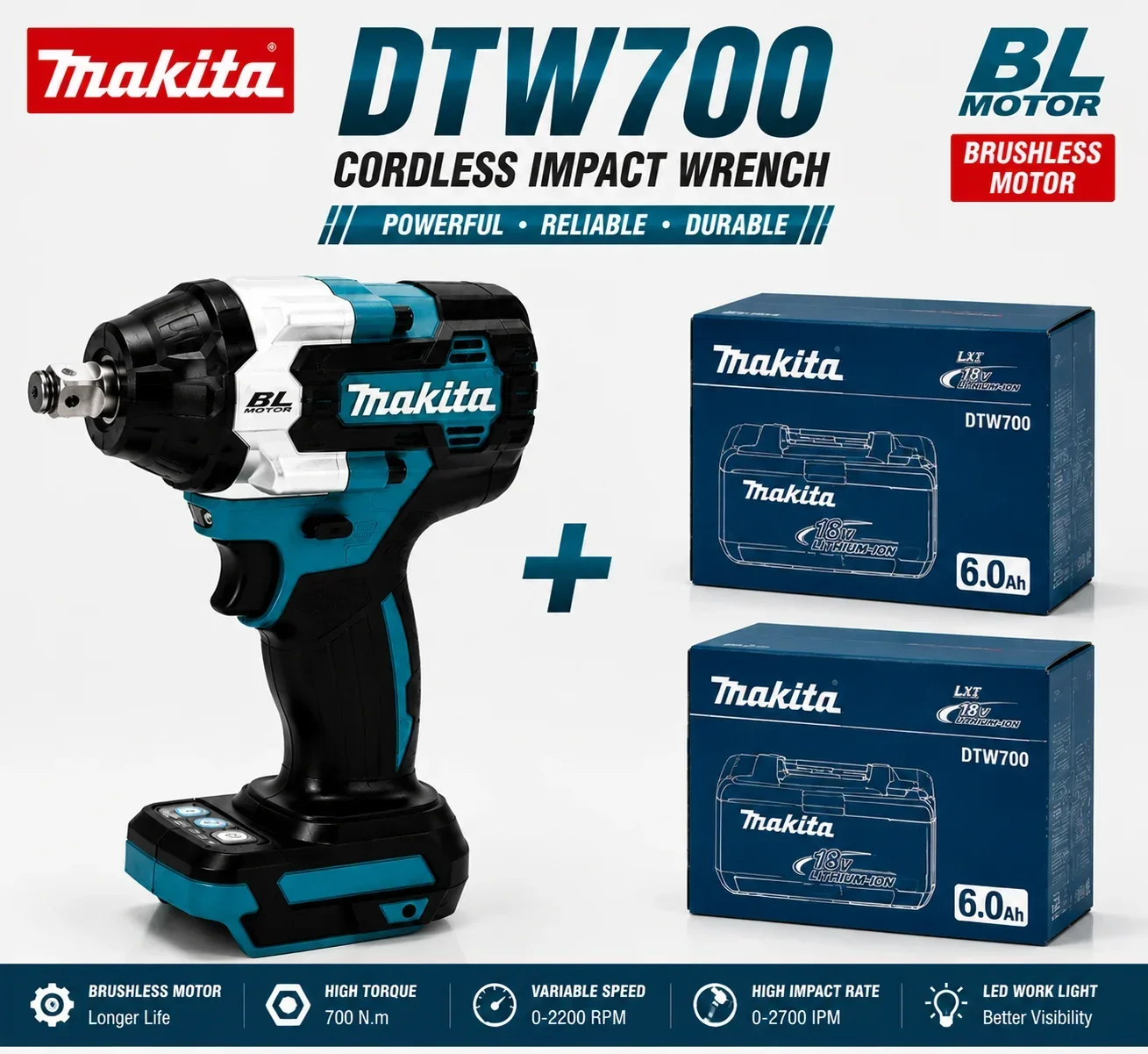 DTW700 Elektrischer Schlagschrauber für Makita 18V Akku, bürstenloser, kabelloser Schlagschrauber, hohe Drehmomentleistung, robustes Elektrowerkzeug für Autoreparaturen, Reifenwechsel, Werkzeuge für