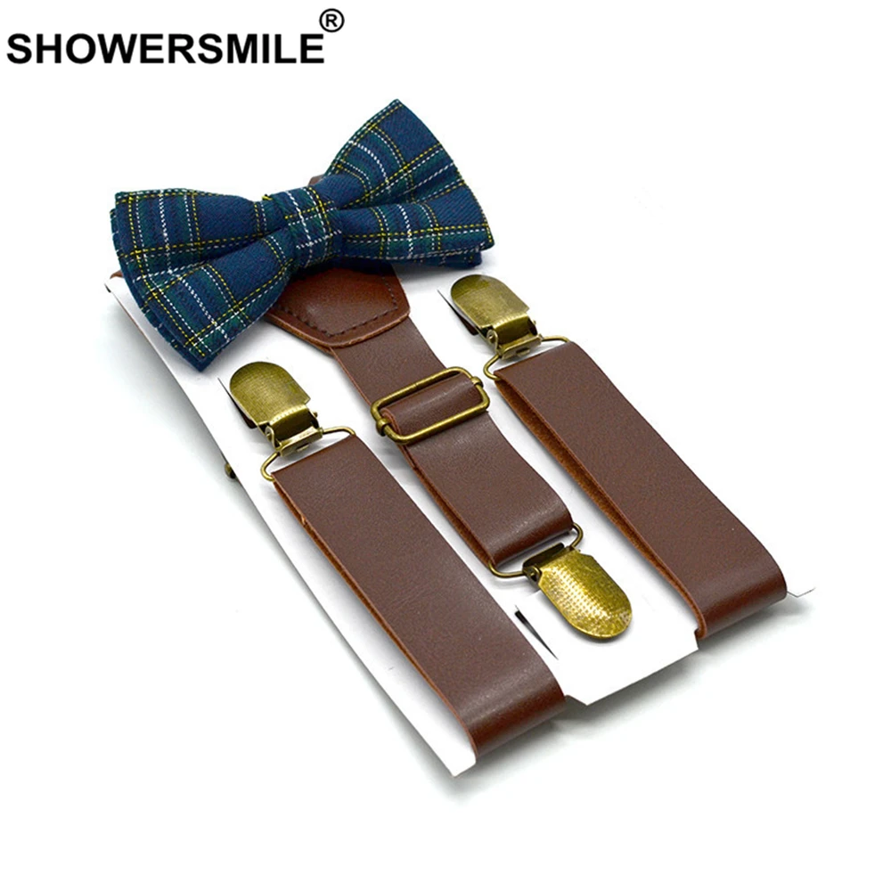 SHOWERSMILE Kids Suspenders With Bow Tie Leather British Style Boys Suspenders Vintage Wedding Brown Children Braces 75cm*2.5cm