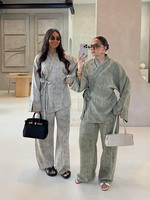 Casual Cotton Linen Pants Outfits Women Loose V Neck Lace Up Long Sleeves Set Female 2025 Spring Summer Chic Soft Set 2 Pieces