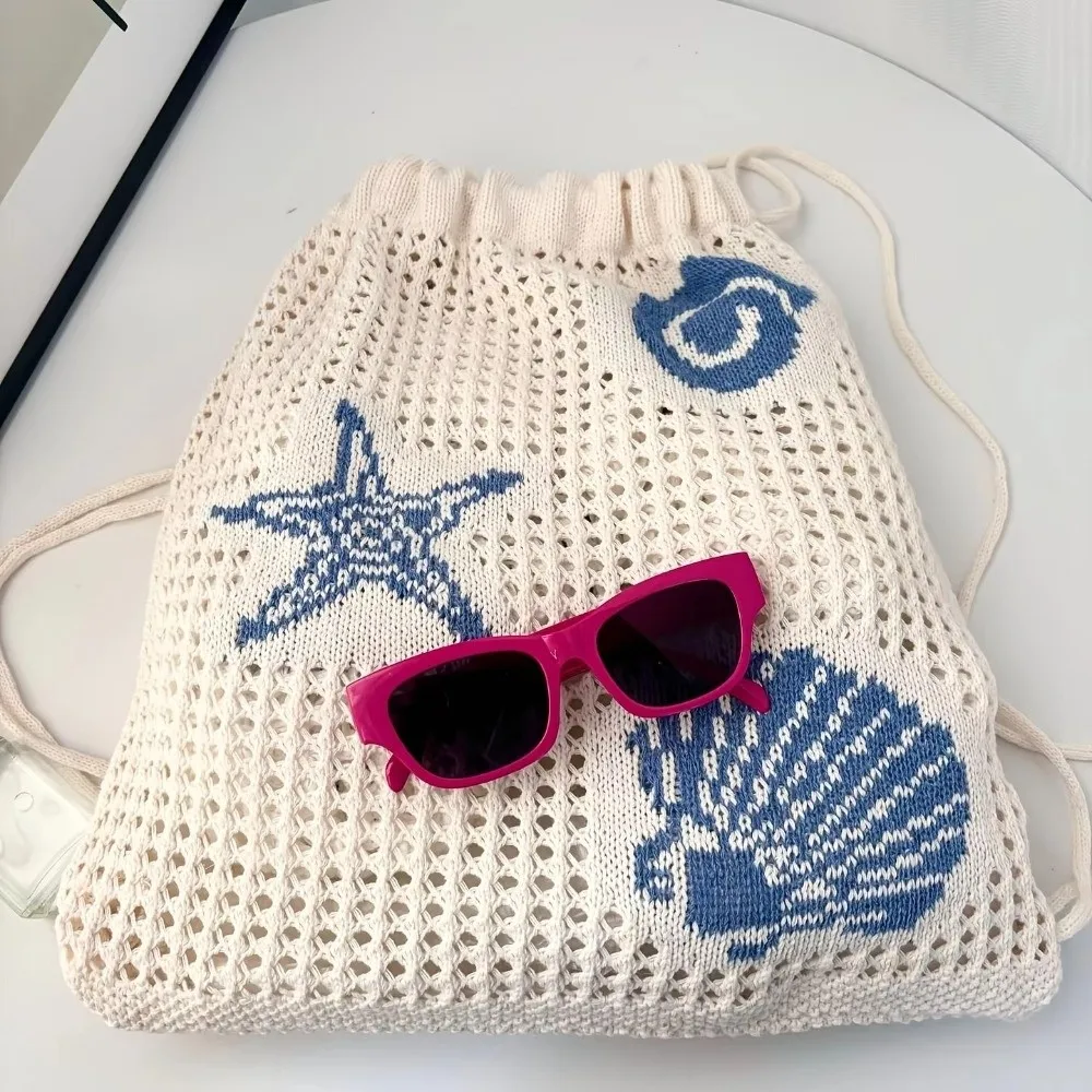 Starfish Embroidery Hollow-Out Backpack Shell Large Capacity Woven Shoulder Bag Crochet Drawstring Backpack for Beach Vacation